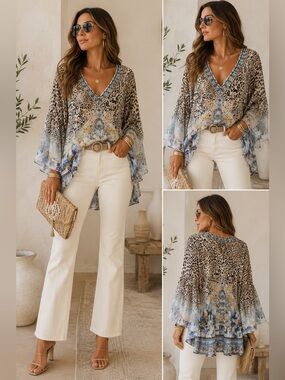 Camilla Silk Embellished Leopard Seashell Kaftan Tunic Top XXL